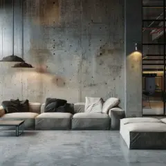 Nowoczesny, **soft loft** z betonowymi ścianami, dużymi oknami i wygodną sofą. W tle widać kuchnię z barem.