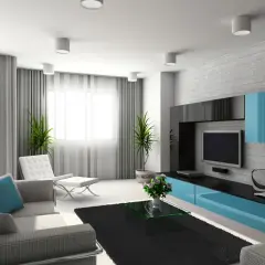 Nowoczesny szary salon. Jasne ściany, szara sofa, biały fotel i turkusowe dodatki tworzą stylowe wnętrze.