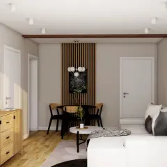 Nowoczesny salon z dużym telewizorem, drewnianą komodą, białym narożnikiem i jadalnią.