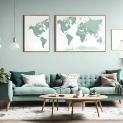 Miętowy jasny salon z sofą, dwoma mapami świata na ścianie i roślinami.