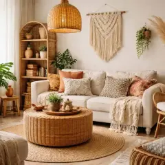 Przytulny salon w stylu boho. Wygodna sofa, rattanowe meble, mnóstwo roślin i makrama na ścianie tworzą ciepłą atmosferę.