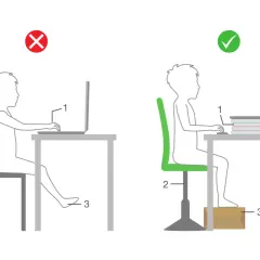 Prawidłowa wysokość biurka dla dziecka: z lewej błąd, z prawej poprawne ustawienie laptopa na książkach, by dziecko siedziało wygodnie.