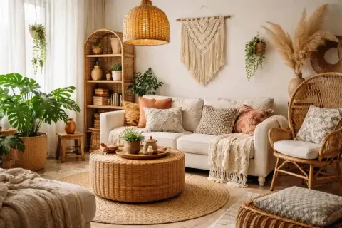 Przytulny salon w stylu boho. Wygodna sofa, rattanowe meble, mnóstwo roślin i makrama na ścianie tworzą ciepłą atmosferę.