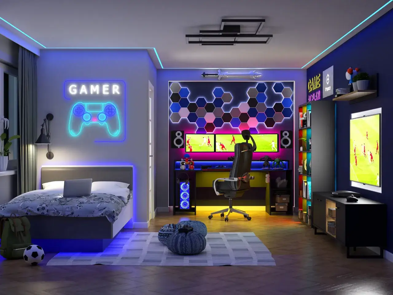 Pok&oacute;j młodzieżowy dla chłopaka: niebieskie i fioletowe kolory, neonowy napis GAMER, stanowisko gamingowe z trzema monitorami i podświetlanym komputerem.
