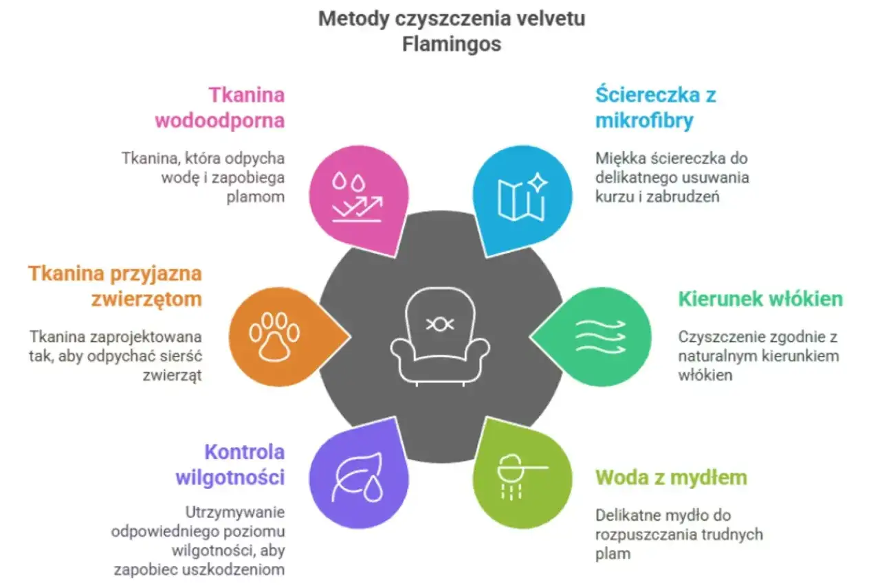 Diagram przedstawia metody czyszczenia foteli z weluru Flamingos: tkanina wodoodporna, przyjazna zwierzętom, kontrola wilgotności, woda z mydłem, kierunek włókien i ściereczka z mikrofibry.